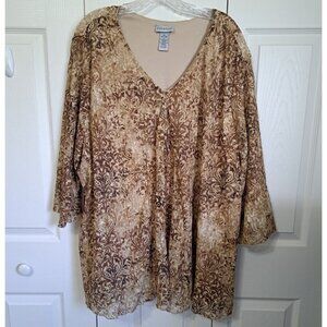 Catherines 4X (30/32W) Brown V-Neck Medallion Print 3/4 Sheer Sleeve Tunic